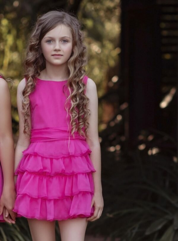 vestido fucsia gasa con volantes chica Miranda