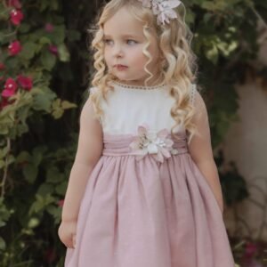 vestido niña cuerpo blanco falda rosa con detalle floral Miranda