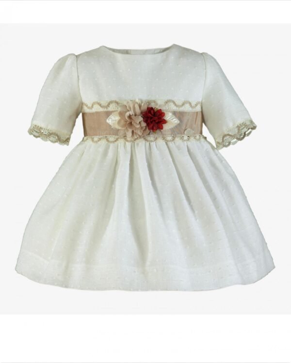 vestido niña ceremonia beige y crudo ,detalle flores en la cintura Miranda - Imagen 3