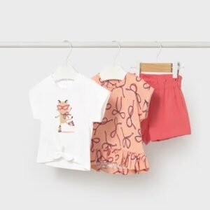 conjunto pantalón y 2 camisetas lazos coral bebé niña Mayoral