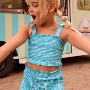 conjunto short cuadrito vichy turquesa mini niña Mayoral