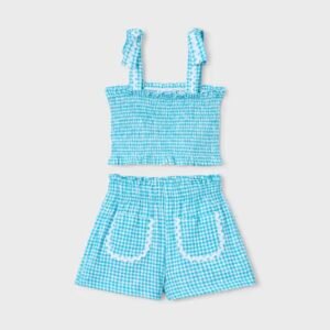 conjunto short cuadrito vichy turquesa mini niña Mayoral