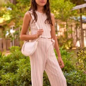 conjunto top y pantalón largo beige rayas chica Mayoral