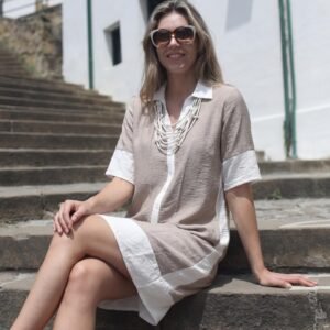 vestido camisero manga corta beige Egatex