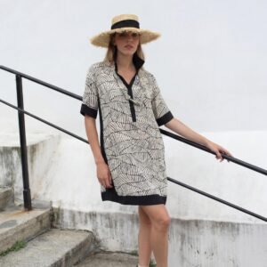 vestido manga corta viscosa estampado beige y negro Egatex